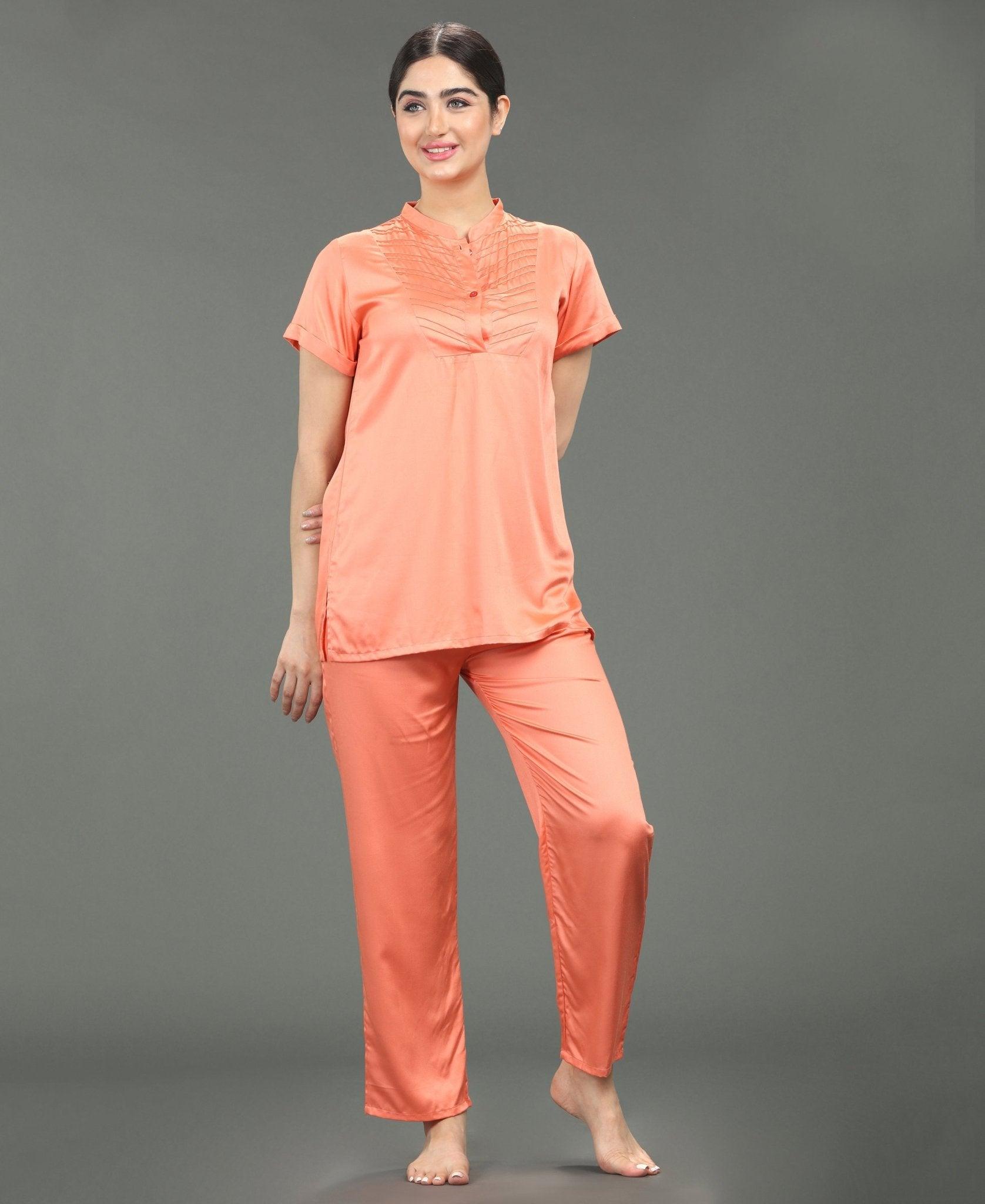 Classic Satin Night Suit - Velure - Shirt and Pant - Collar Night Suit, Embroidery, Full Length Pant, Half Sleeves, Long Top Night Suit, Satin