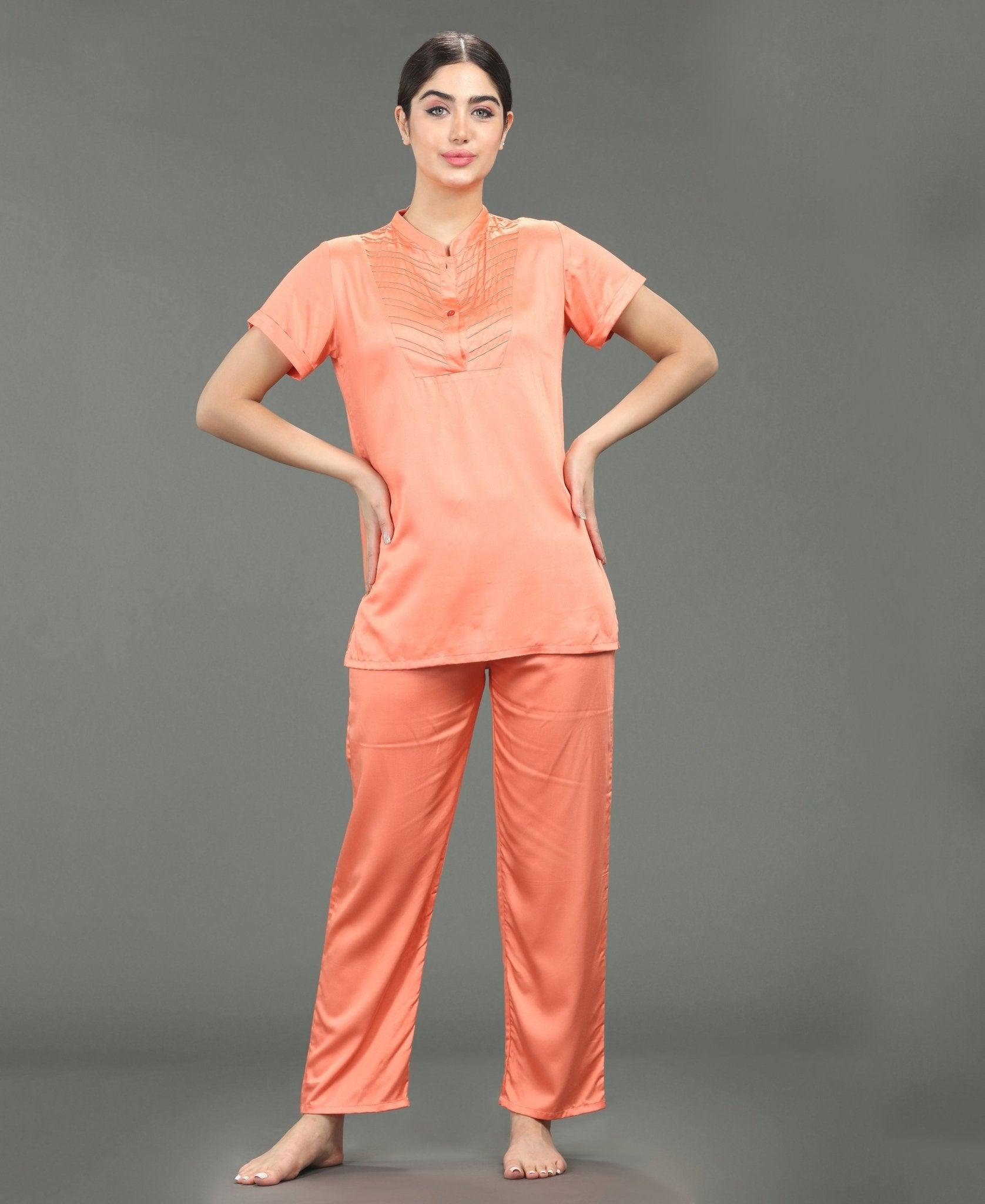 Classic Satin Night Suit - Velure - Shirt and Pant - Collar Night Suit, Embroidery, Full Length Pant, Half Sleeves, Long Top Night Suit, Satin