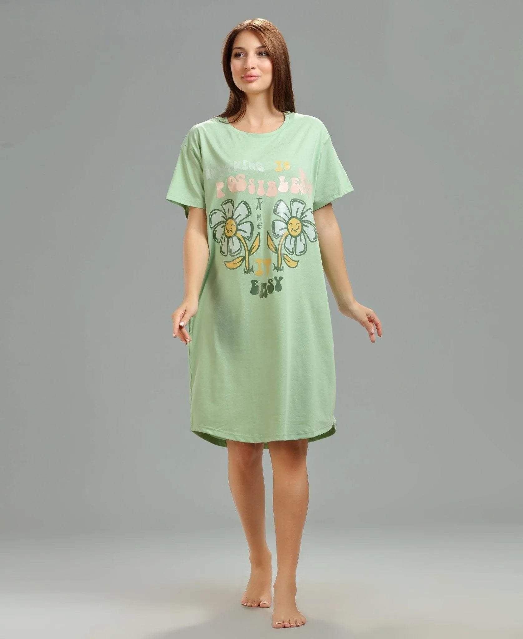 Classic T-Shirt Short Nighty - Velure - - Cotton, Half Sleeves, Knee Length, Printed, Round neck