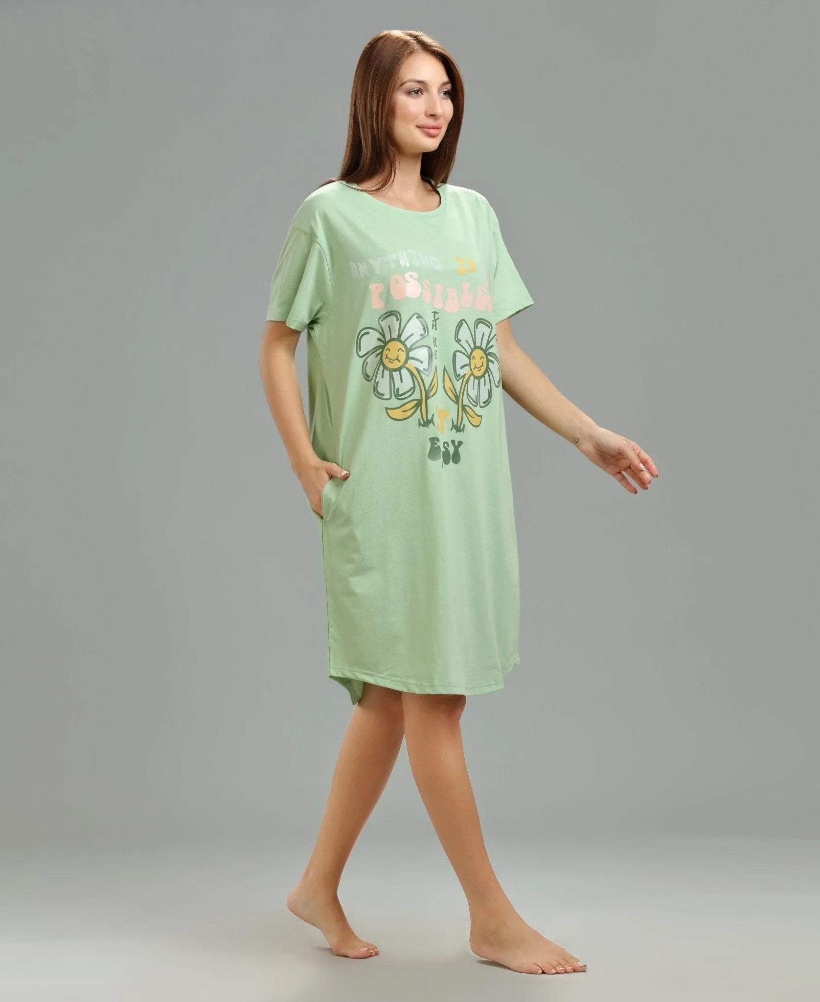 Classic T-Shirt Short Nighty - Velure - - Cotton, Half Sleeves, Knee Length, Printed, Round neck