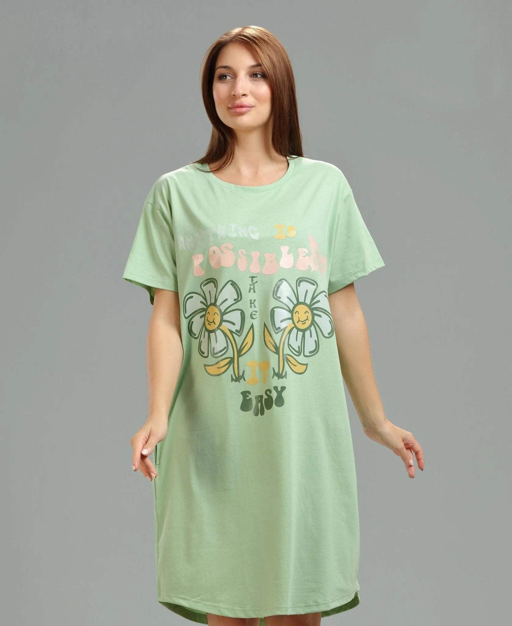 Classic T-Shirt Short Nighty - Velure - - Cotton, Half Sleeves, Knee Length, Printed, Round neck