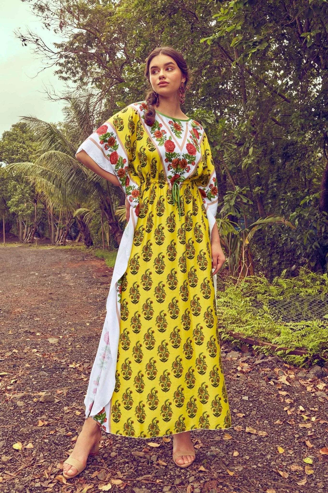 Colorful Printed Kaftan - Velure - Kaftan - Center Drawstring, Cotton, Full Length Nighty, Jaipuri Prints