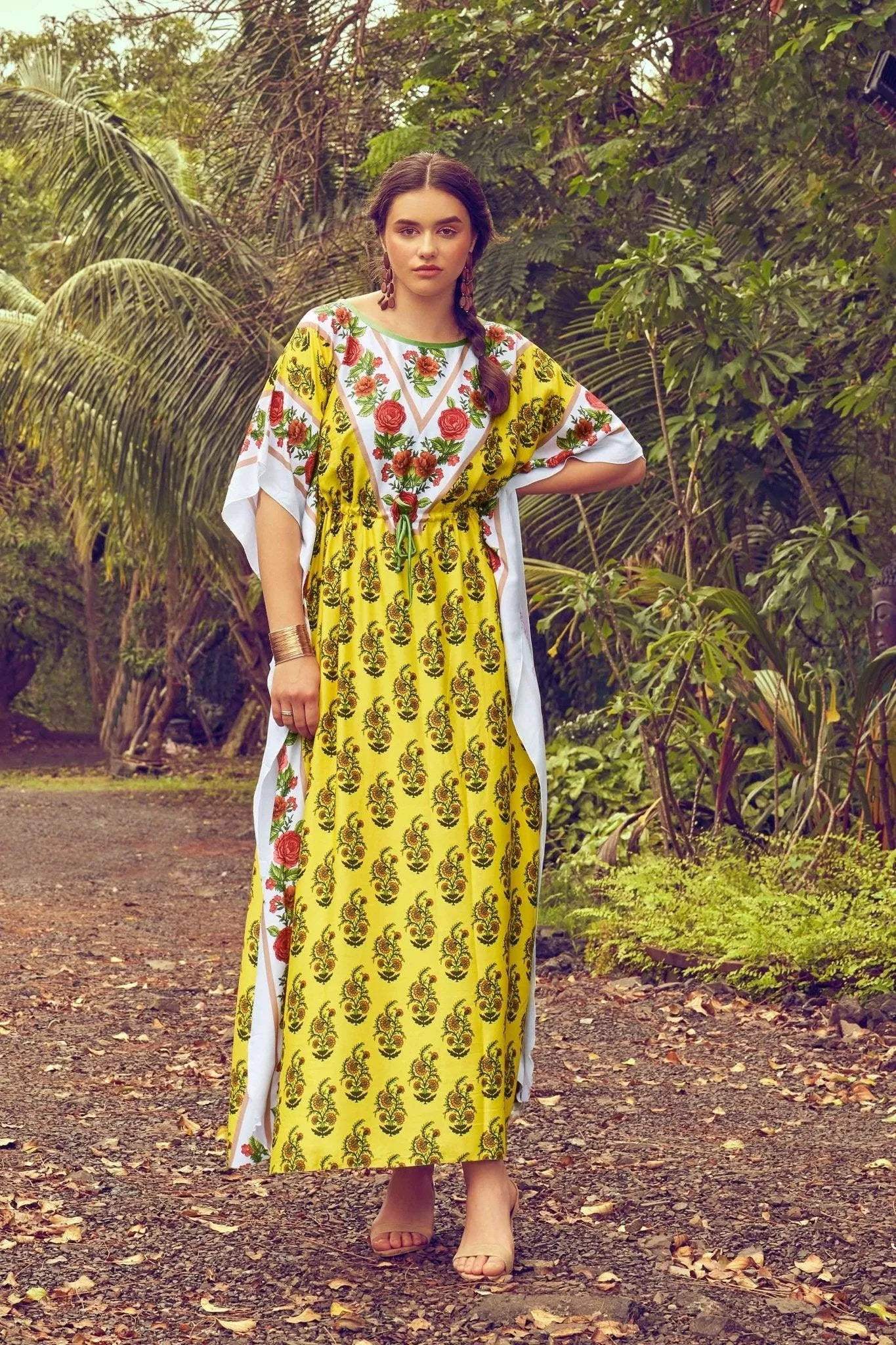 Colorful Printed Kaftan - Velure - Kaftan - Center Drawstring, Cotton, Full Length Nighty, Jaipuri Prints