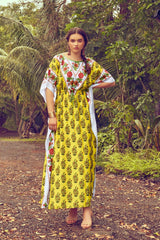 Colorful Printed Kaftan dress - Velure - Kaftan - Center Drawstring, Cotton, Full Length Nighty, Jaipuri Prints