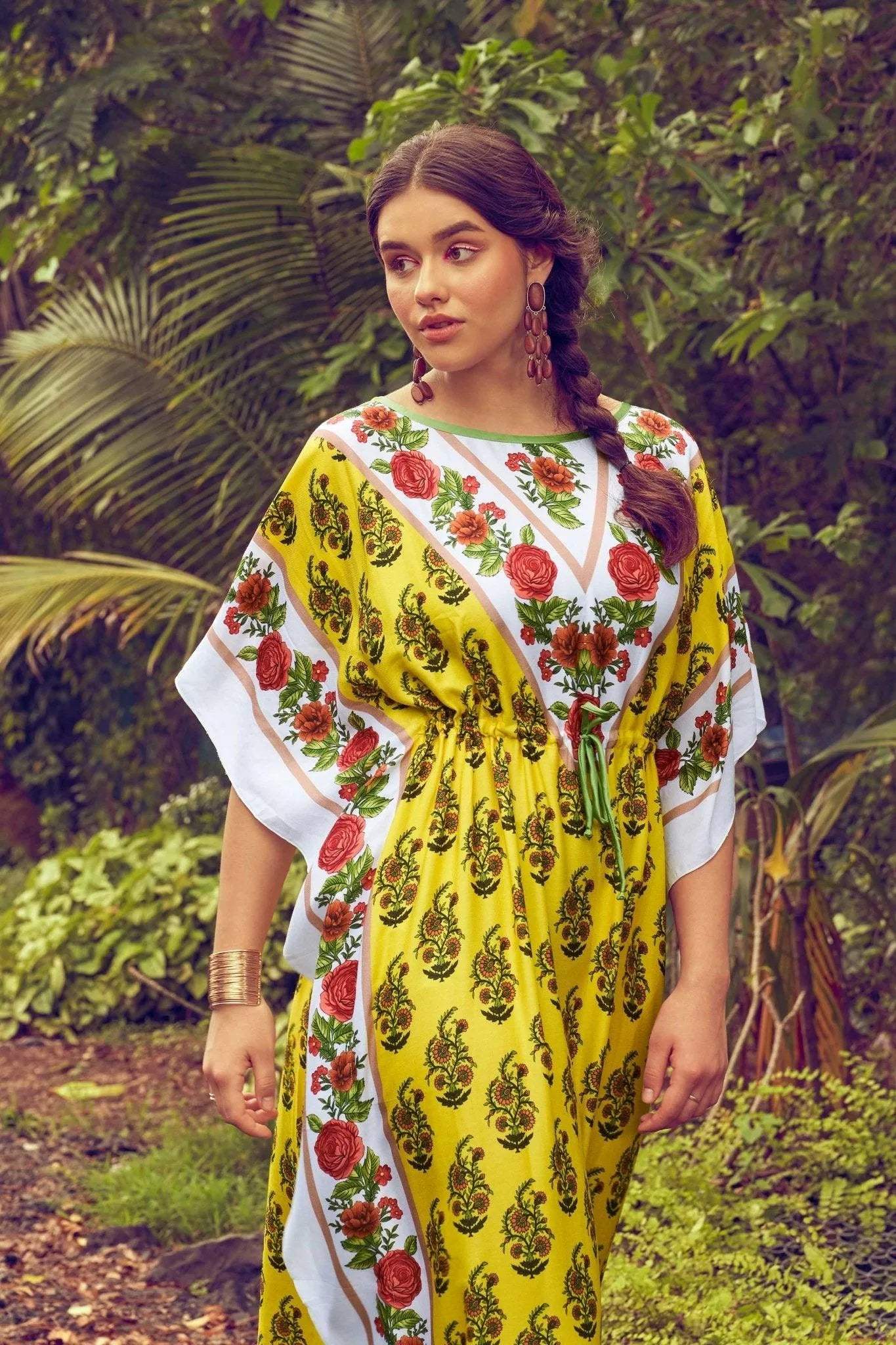 Colorful Printed Kaftan - Velure - Kaftan - Center Drawstring, Cotton, Full Length Nighty, Jaipuri Prints