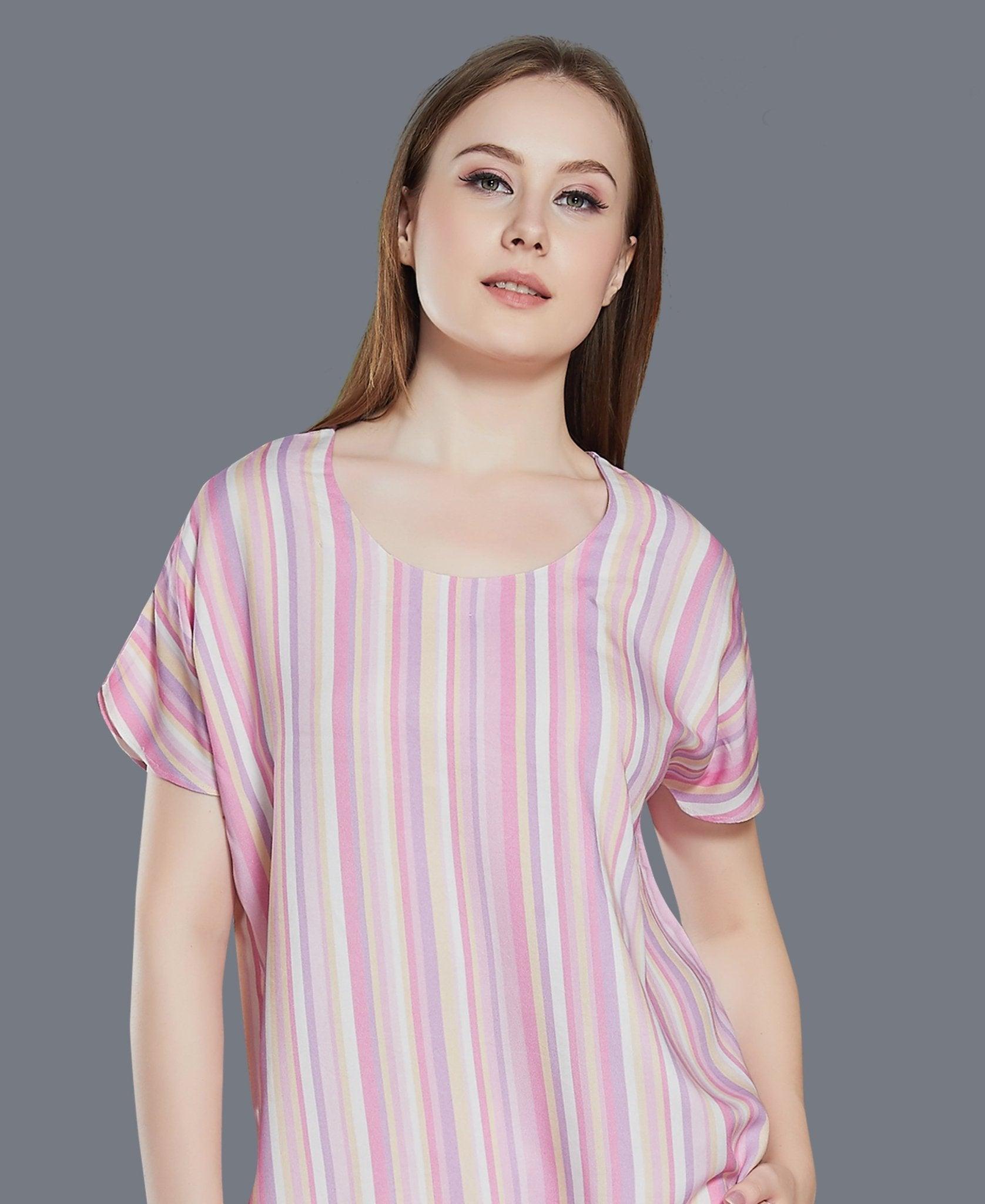 Colourful Stripes Night Suit - Velure - T-Shirt and Pant - Cotton, Full Length Pants, Half Sleeves, Round neck, Stripes