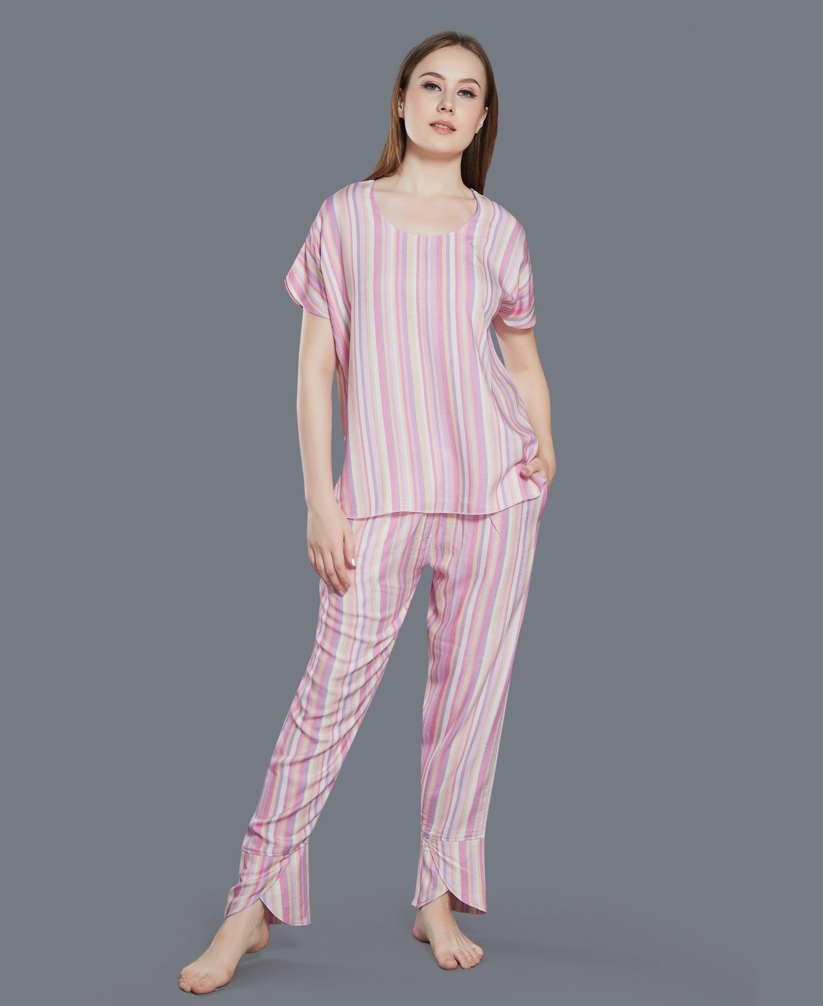 Colourful Stripes Night Suit - Velure - T-Shirt and Pant - Cotton, Full Length Pants, Half Sleeves, Round neck, Stripes