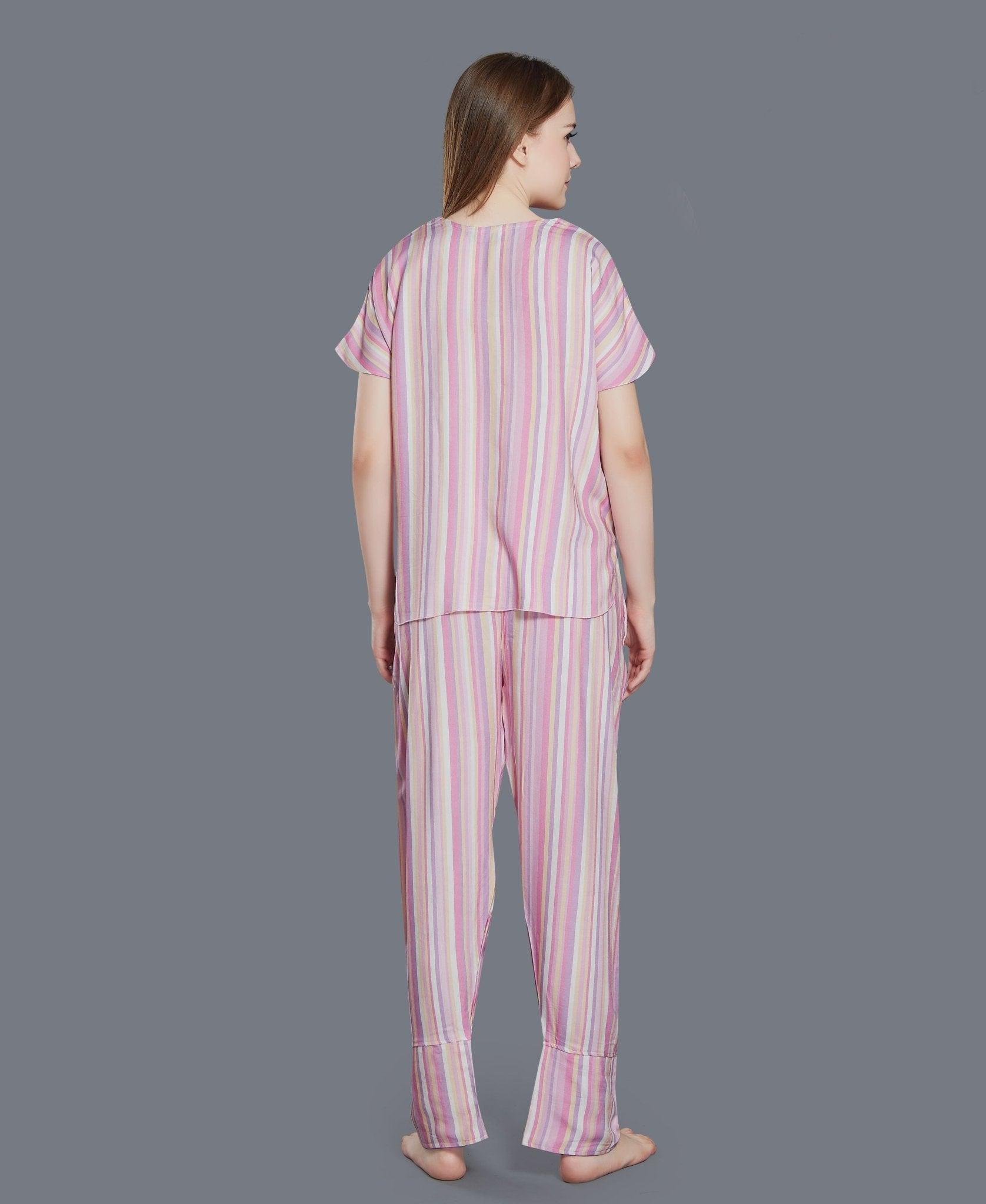 Colourful Stripes Night Suit - Velure - T-Shirt and Pant - Cotton, Full Length Pants, Half Sleeves, Round neck, Stripes