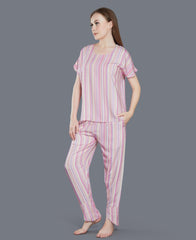 Colourful Stripes Night Suit - Velure - T-Shirt and Pant - Cotton, Full Length Pants, Half Sleeves, Round neck, Stripes