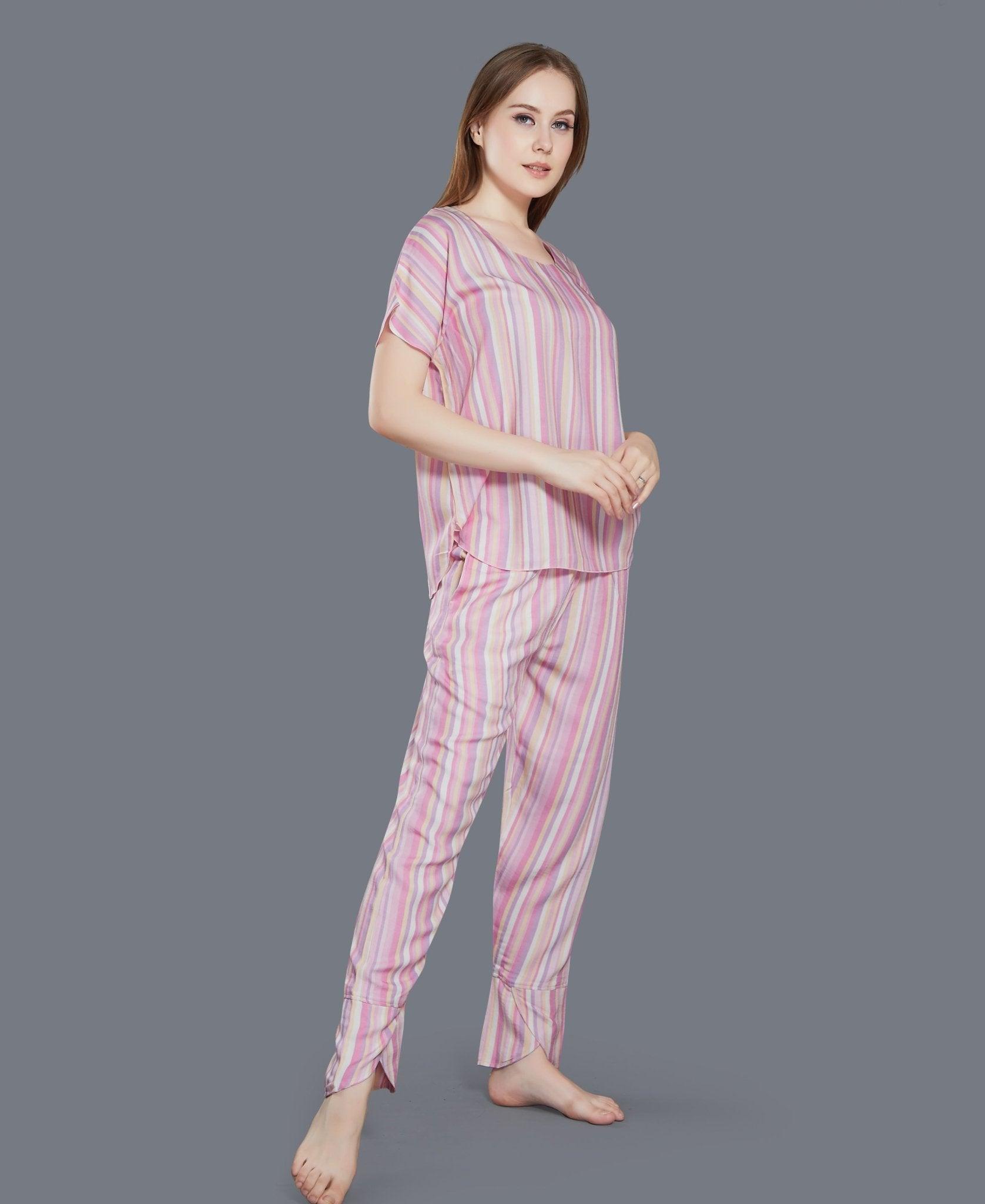 Colourful Stripes Night Suit - Velure - T-Shirt and Pant - Cotton, Full Length Pants, Half Sleeves, Round neck, Stripes