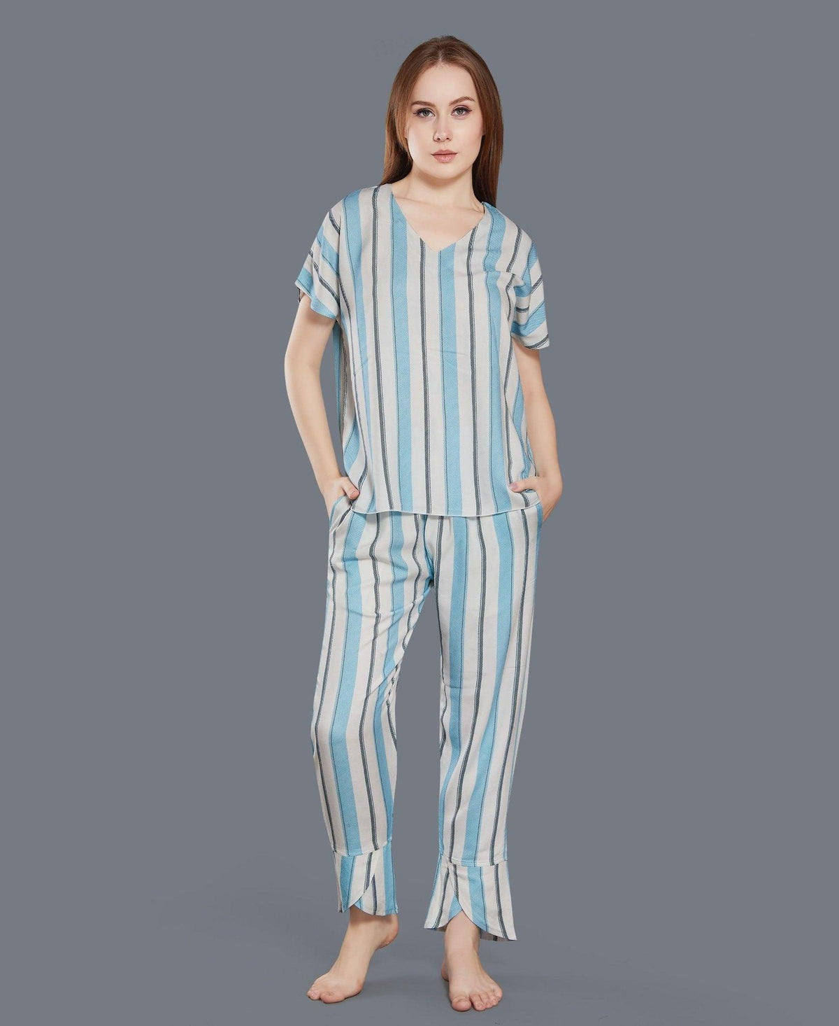 Cotton Blue Stripe Night Suit - Velure - T-Shirt and Pant - Full Length Pant, Half Sleeves, Round neck, Stripes, V Neck