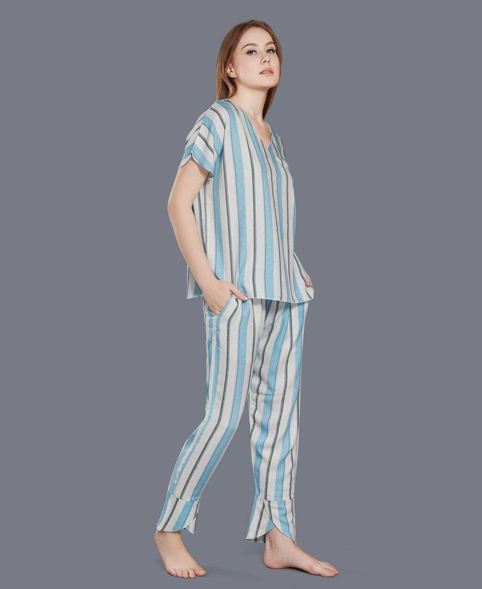 Cotton Blue Stripe Night Suit - Velure - - Full Length Pant, Half Sleeves, Round neck, Stripes, V Neck
