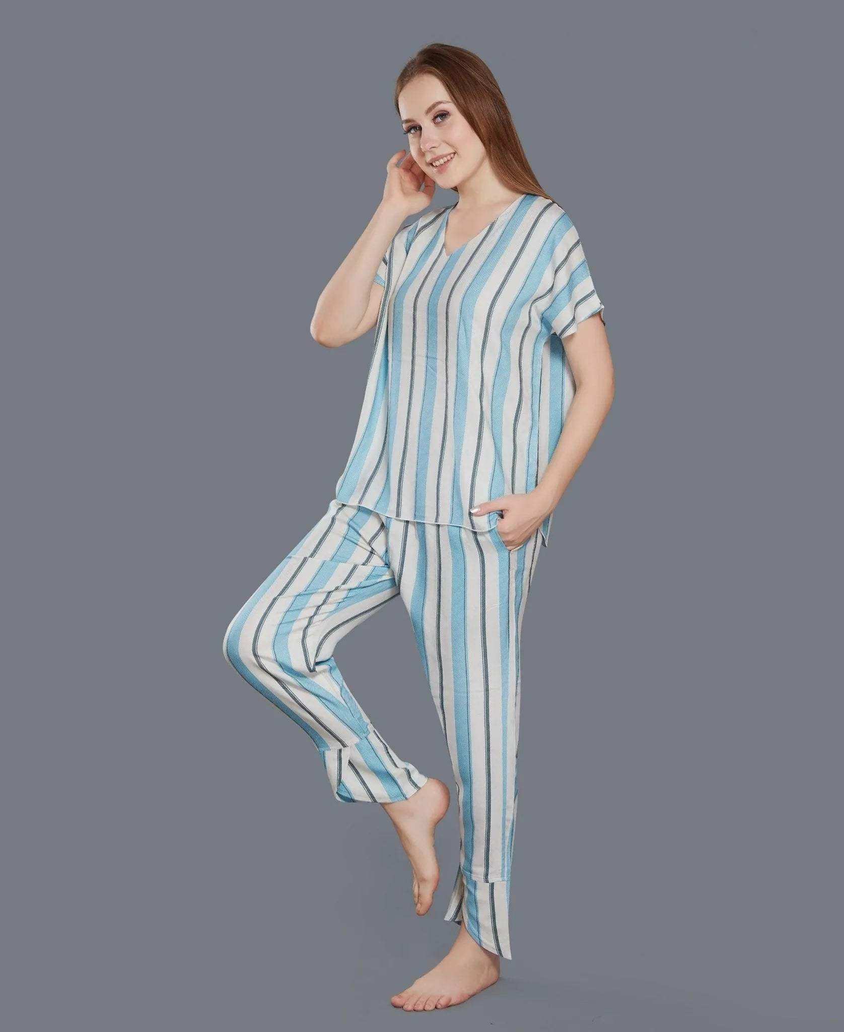 Cotton Blue Stripe Night Suit - Velure - - Full Length Pant, Half Sleeves, Round neck, Stripes, V Neck