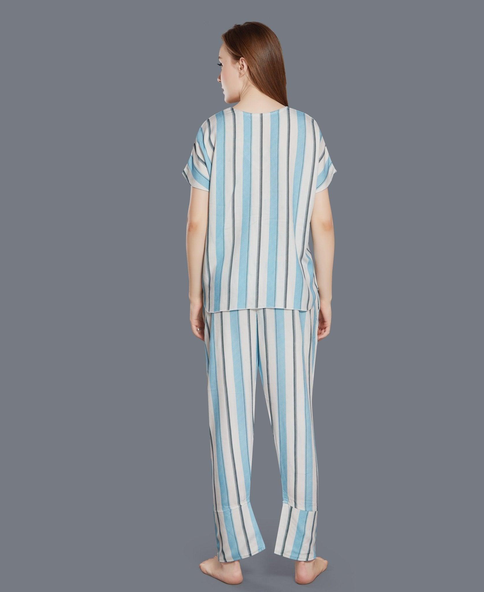 Cotton Blue Stripe Night Suit - Velure - T-Shirt and Pant - Full Length Pant, Half Sleeves, Round neck, Stripes, V Neck