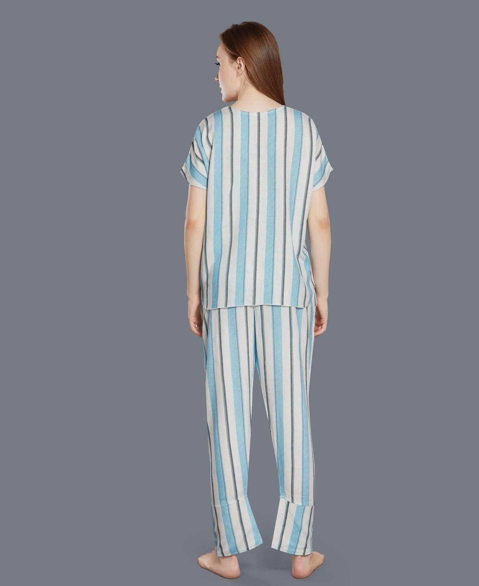 Cotton Blue Stripe Night Suit - Velure - - Full Length Pant, Half Sleeves, Round neck, Stripes, V Neck