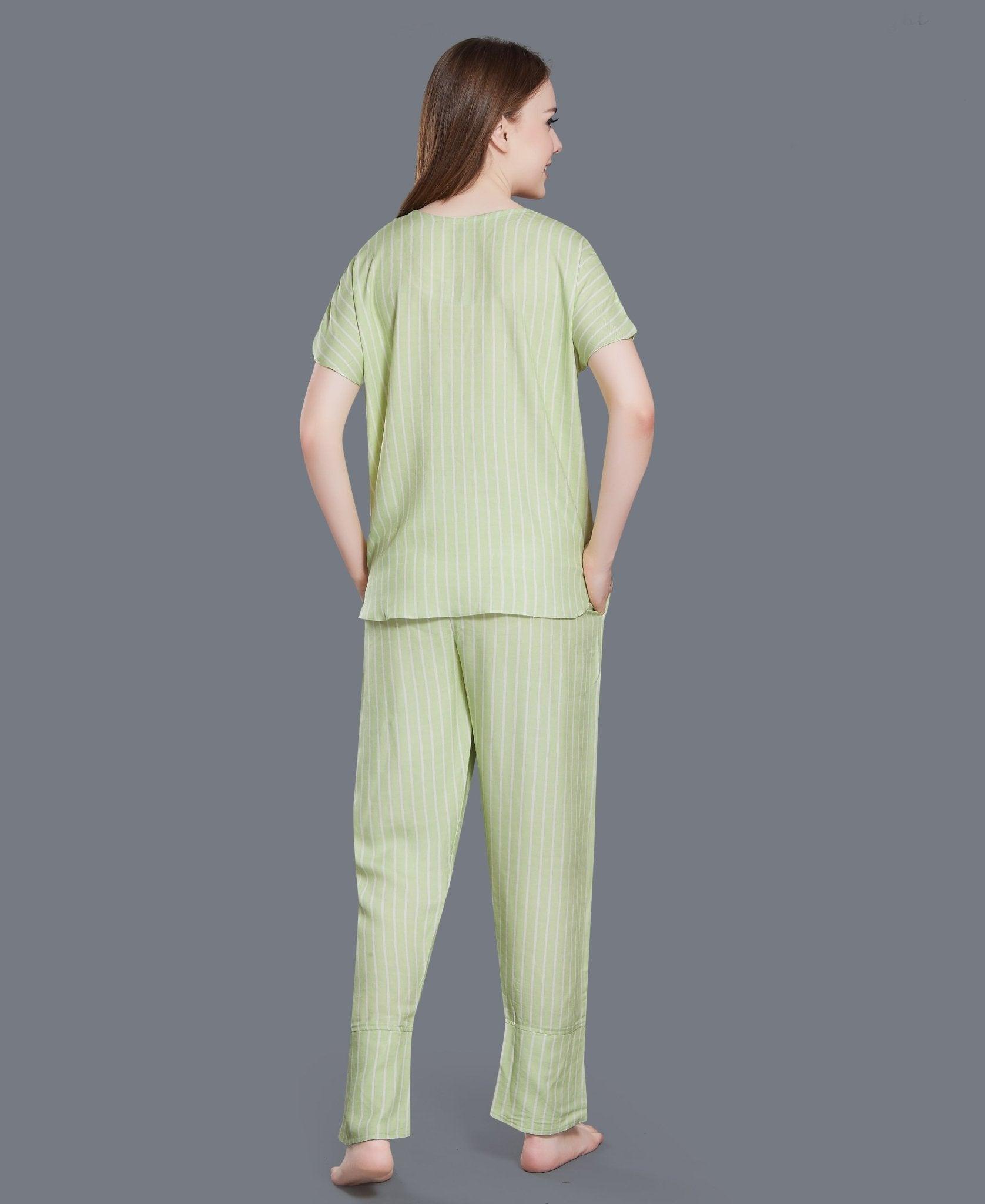 Cotton Stripe Night Suit - Velure - T-Shirt and Pant - Cotton, Full Length Pants, Half Sleeves, Round neck, Stripes