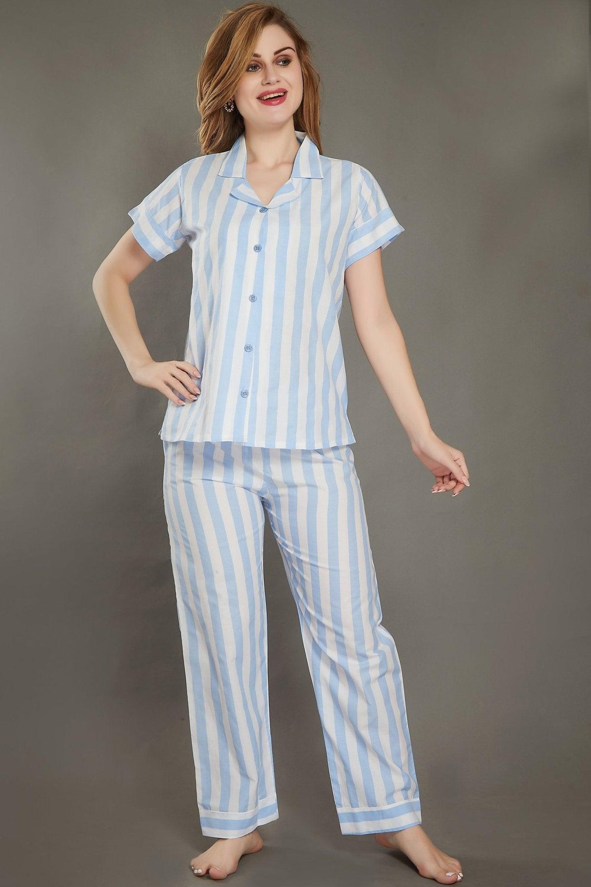 Crossbars Cotton Night Suit - Velure - Shirt and Pant - Collar Neck, Cotton, Front Button Open, Full Length Pants, Half Sleeves, Half Sleeves Nighty, Stripes