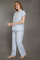 Crossbars Cotton Night Suit - Velure - Shirt and Pant - Collar Neck, Cotton, Front Button Open, Full Length Pants, Half Sleeves, Half Sleeves Nighty, Stripes