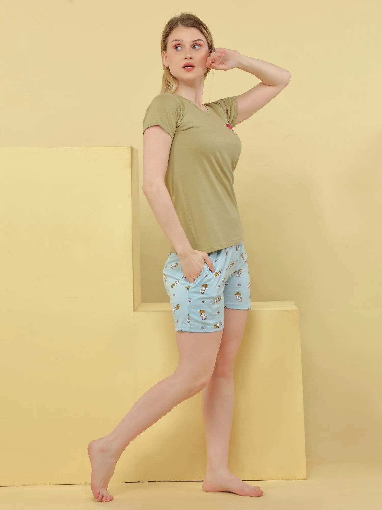 Cute Elephant Shorts Set - Velure - - Cotton, Half Sleeves, Printed, Round neck, Shorts