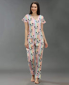 Cute Panda Print Night Suit - Velure - T-Shirt and Pant - Cotton Satin, Front Button Open, Full Length Pants, Half Sleeves, Printed, V Neck
