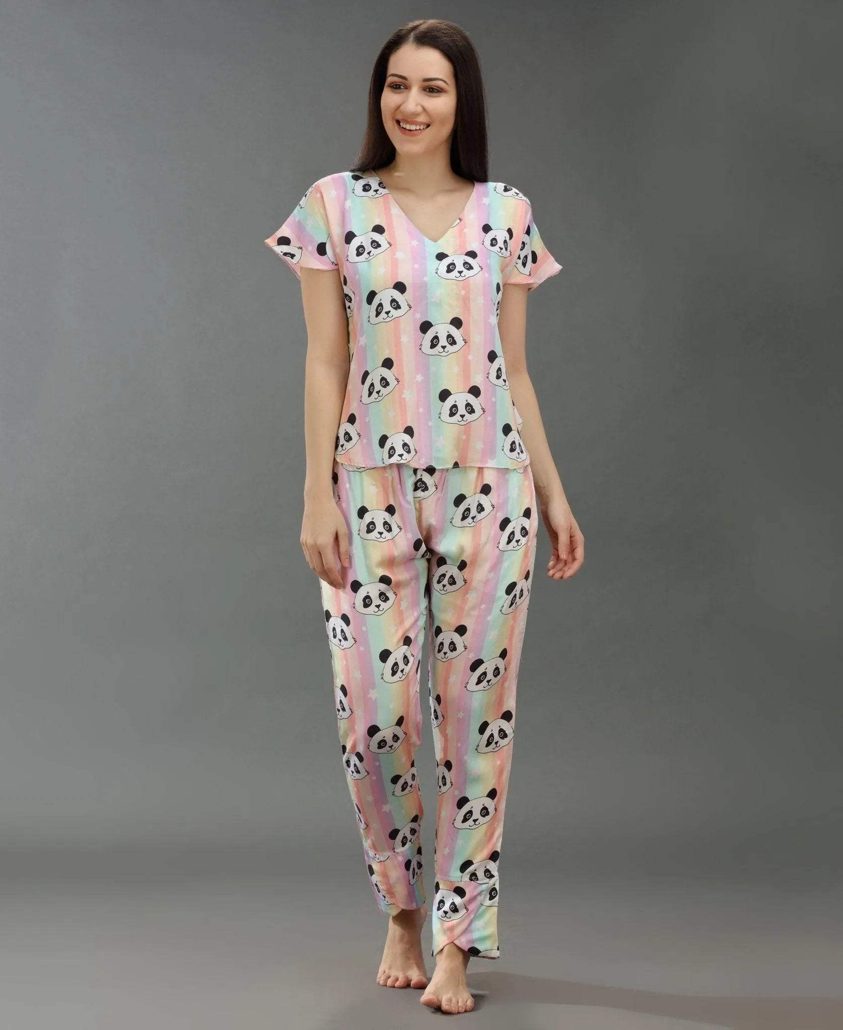 Cute Panda Print Night Suit - Velure - T-Shirt and Pant - Cotton Satin, Front Button Open, Full Length Pants, Half Sleeves, Printed, V Neck