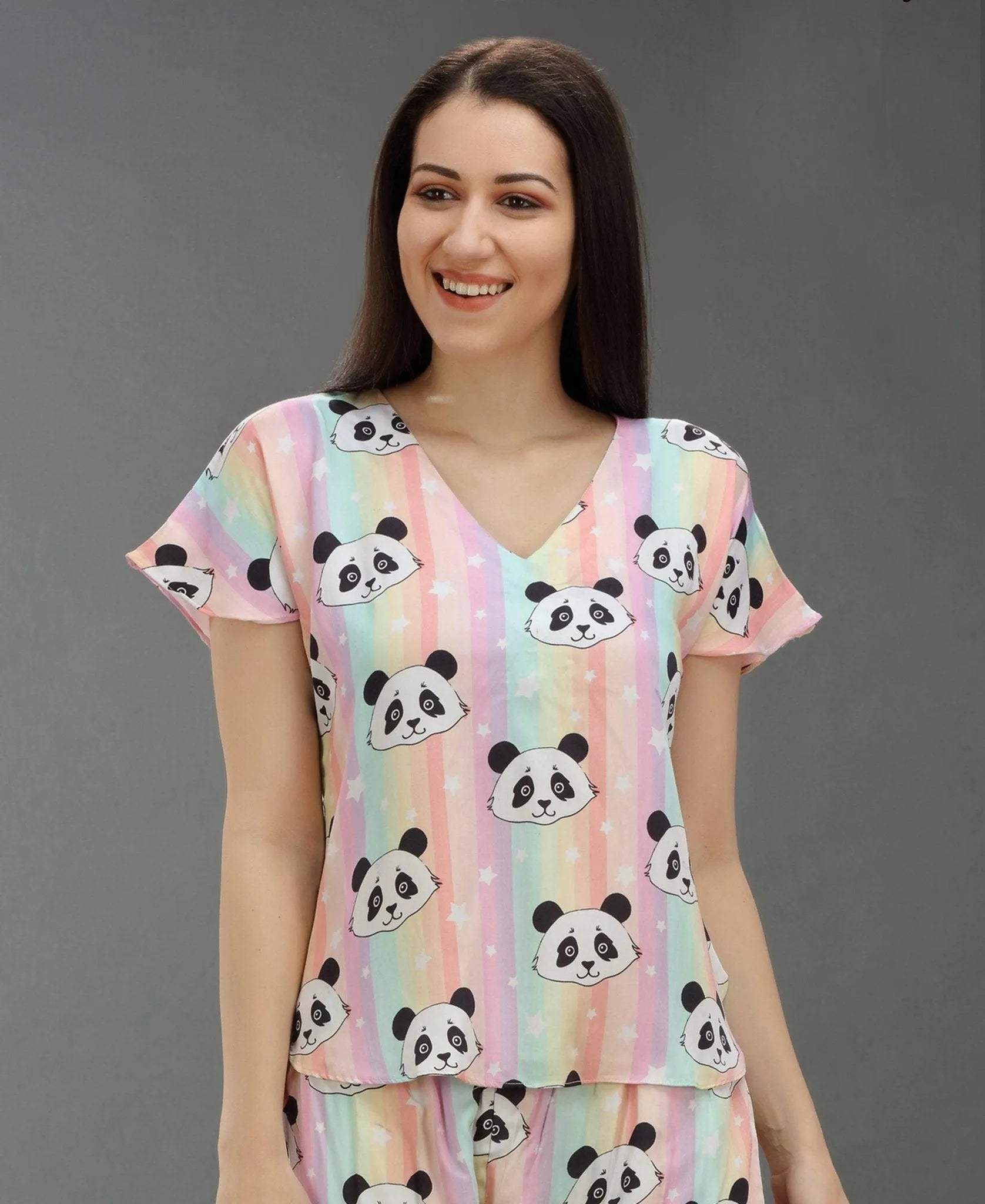 Cute Panda Print Night Suit - Velure - T-Shirt and Pant - Cotton Satin, Front Button Open, Full Length Pants, Half Sleeves, Printed, V Neck