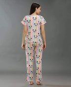 Cute Panda Print Night Suit - Velure - T-Shirt and Pant - Cotton Satin, Front Button Open, Full Length Pants, Half Sleeves, Printed, V Neck