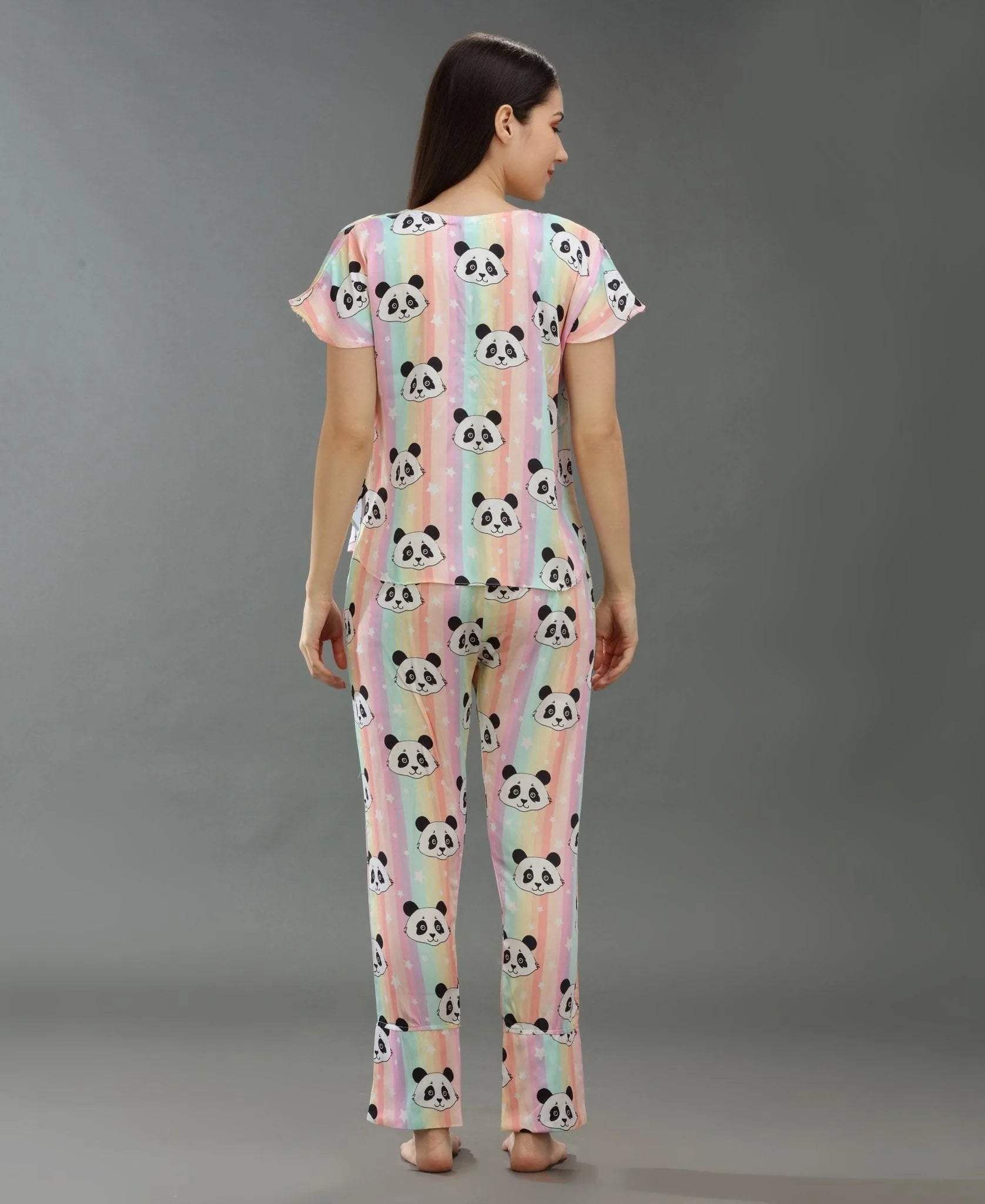 Cute Panda Print Night Suit - Velure - T-Shirt and Pant - Cotton Satin, Front Button Open, Full Length Pants, Half Sleeves, Printed, V Neck