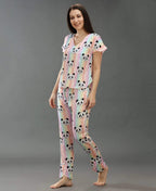 Cute Panda Print Night Suit - Velure - T-Shirt and Pant - Cotton Satin, Front Button Open, Full Length Pants, Half Sleeves, Printed, V Neck
