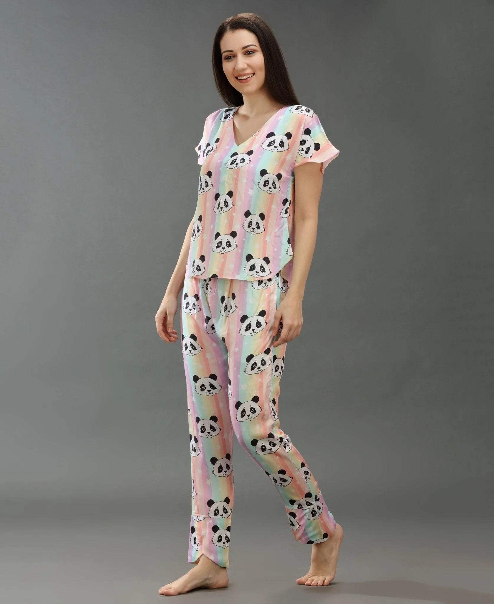 Cute Panda Print Night Suit - Velure - T-Shirt and Pant - Cotton Satin, Front Button Open, Full Length Pants, Half Sleeves, Printed, V Neck