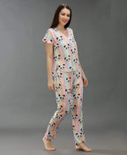 Cute Panda Print Night Suit - Velure - T-Shirt and Pant - Cotton Satin, Front Button Open, Full Length Pants, Half Sleeves, Printed, V Neck