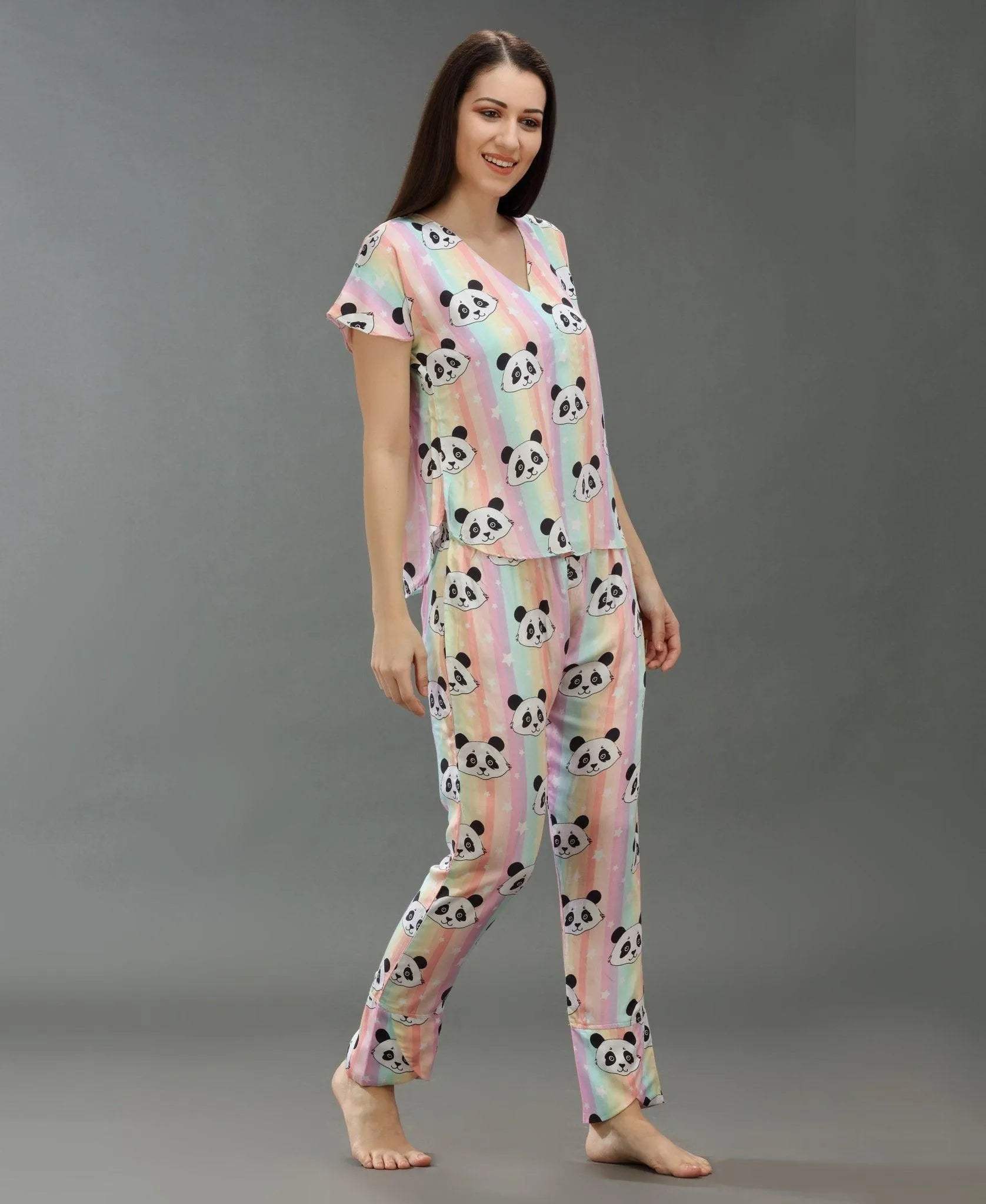 Cute Panda Print Night Suit - Velure - T-Shirt and Pant - Cotton Satin, Front Button Open, Full Length Pants, Half Sleeves, Printed, V Neck
