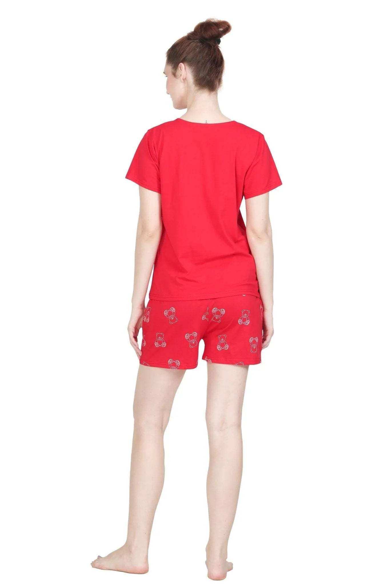 Cute Teddy Shorts Set - Velure - - Cartoon Print, Cotton Lycra Fabric, Half Sleeves, Round neck