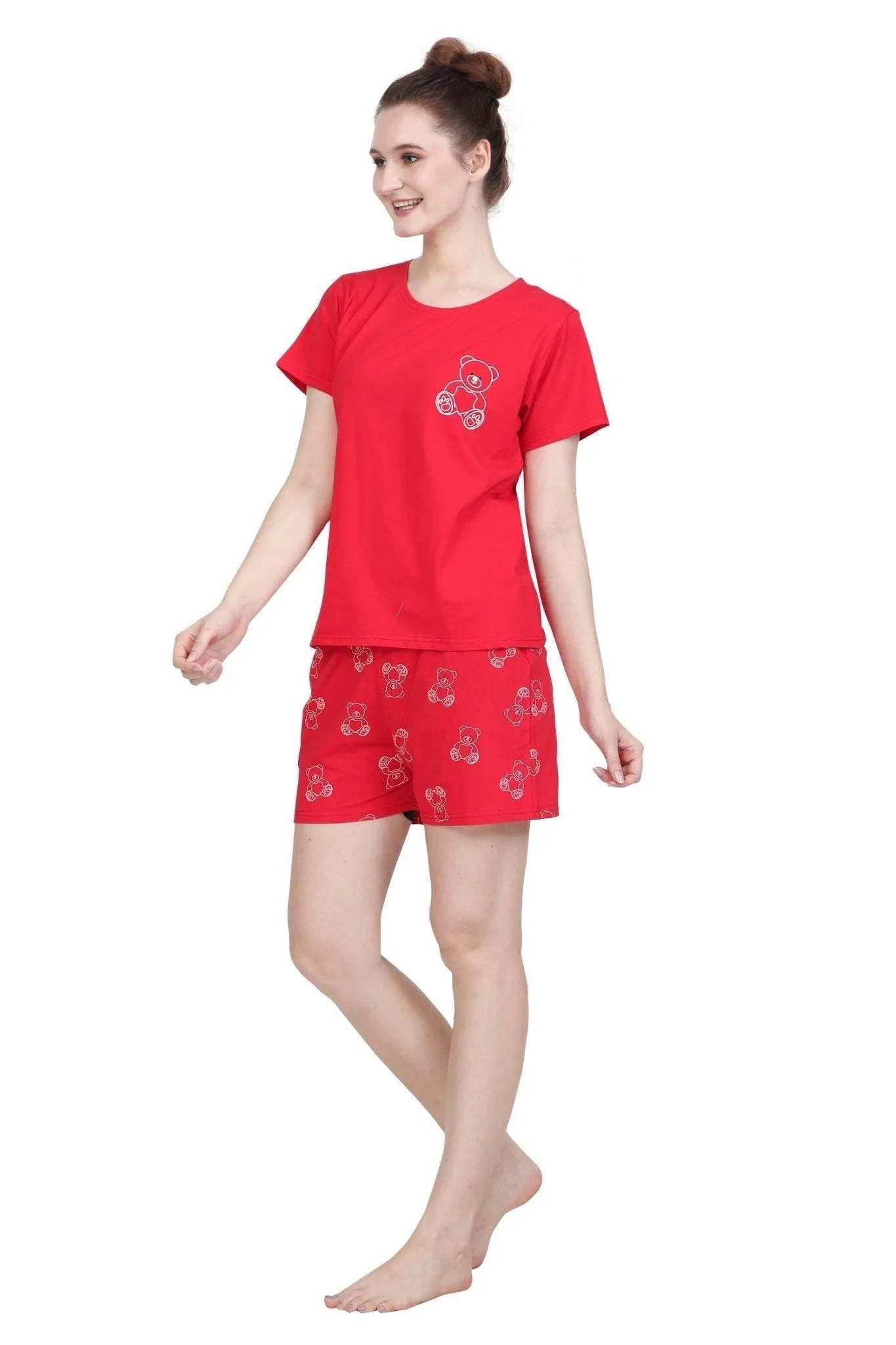 Cute Teddy Shorts Set - Velure - - Cartoon Print, Cotton Lycra Fabric, Half Sleeves, Round neck