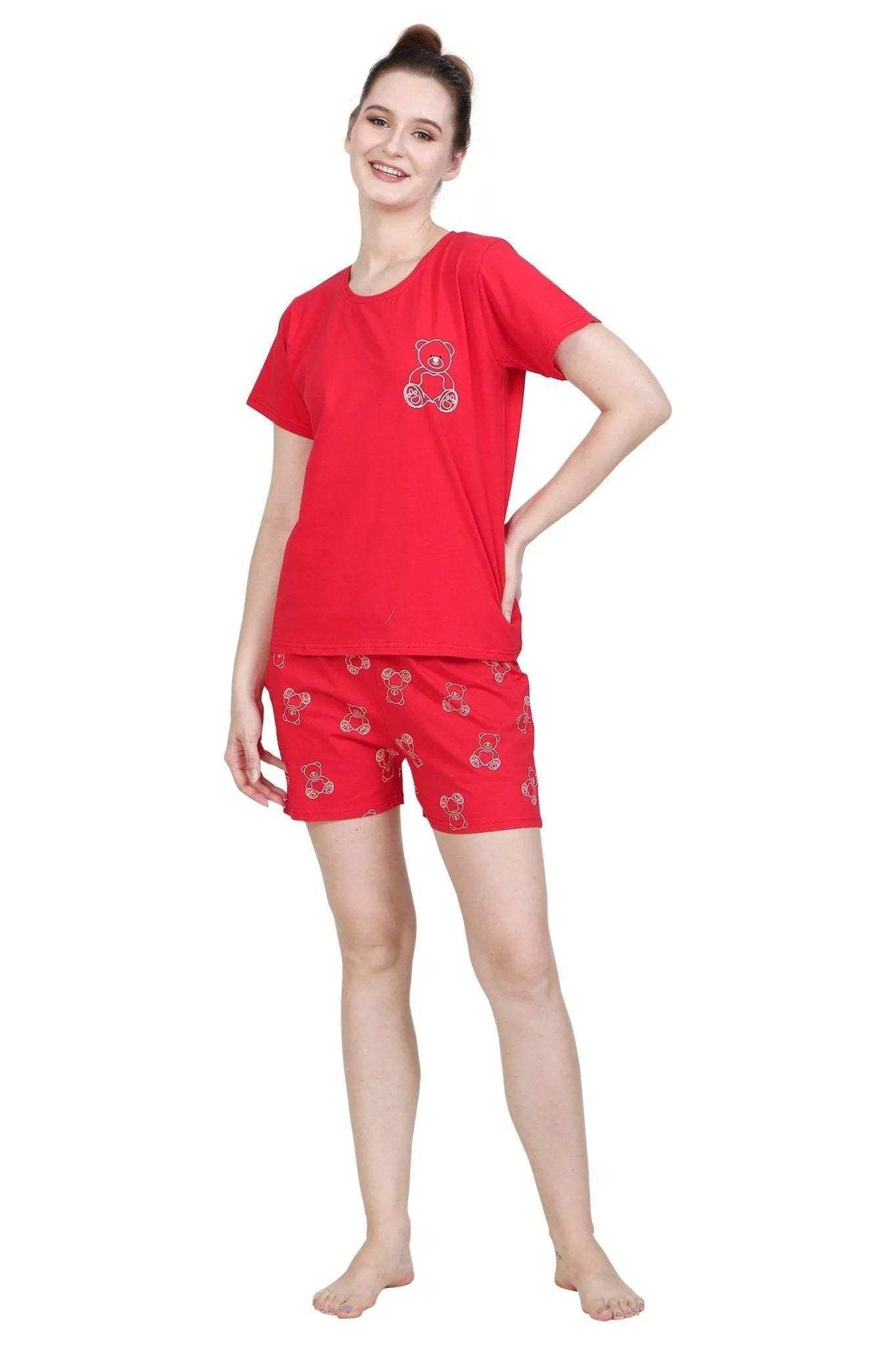 Cute Teddy Shorts Set - Velure - - Cartoon Print, Cotton Lycra Fabric, Half Sleeves, Round neck
