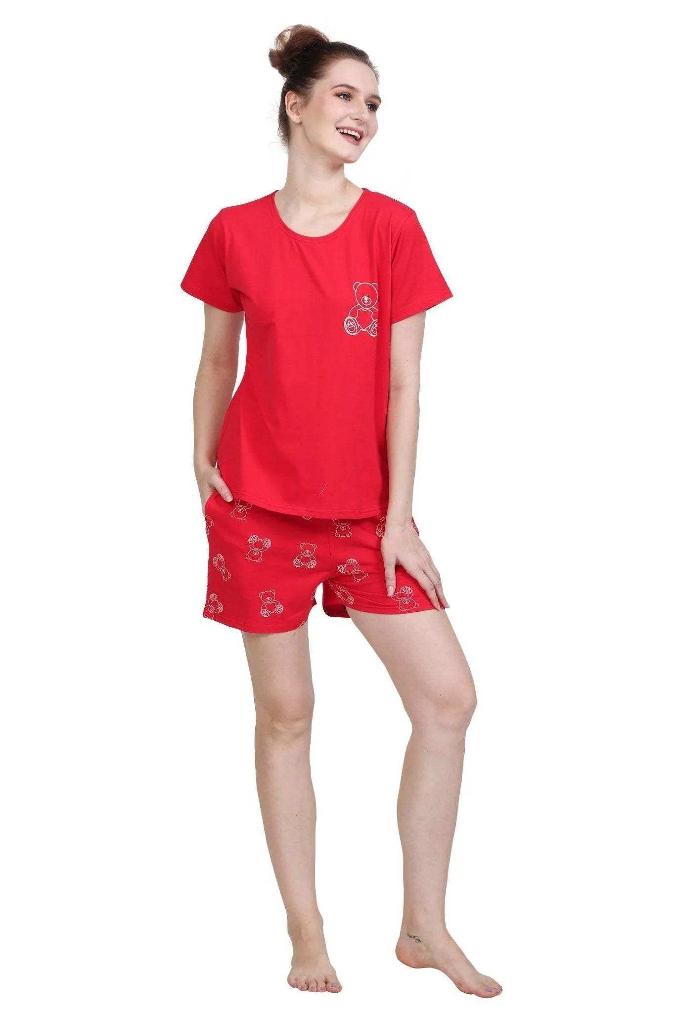 Cute Teddy Shorts Set - Velure - - Cartoon Print, Cotton Lycra Fabric, Half Sleeves, Round neck