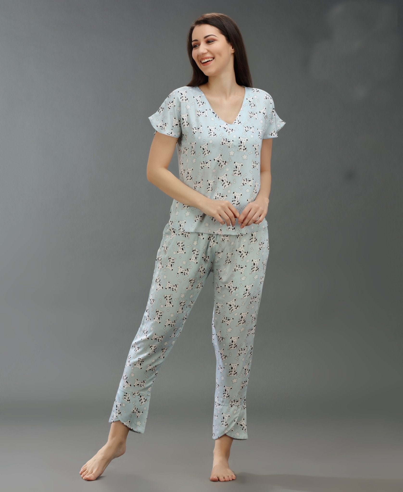 Dalmatian Dog Night Suit - Velure - T-Shirt and Pant - Cotton Satin, Full Length Pants, Half Sleeves, Half Sleeves Nighty, Printed, V Neck