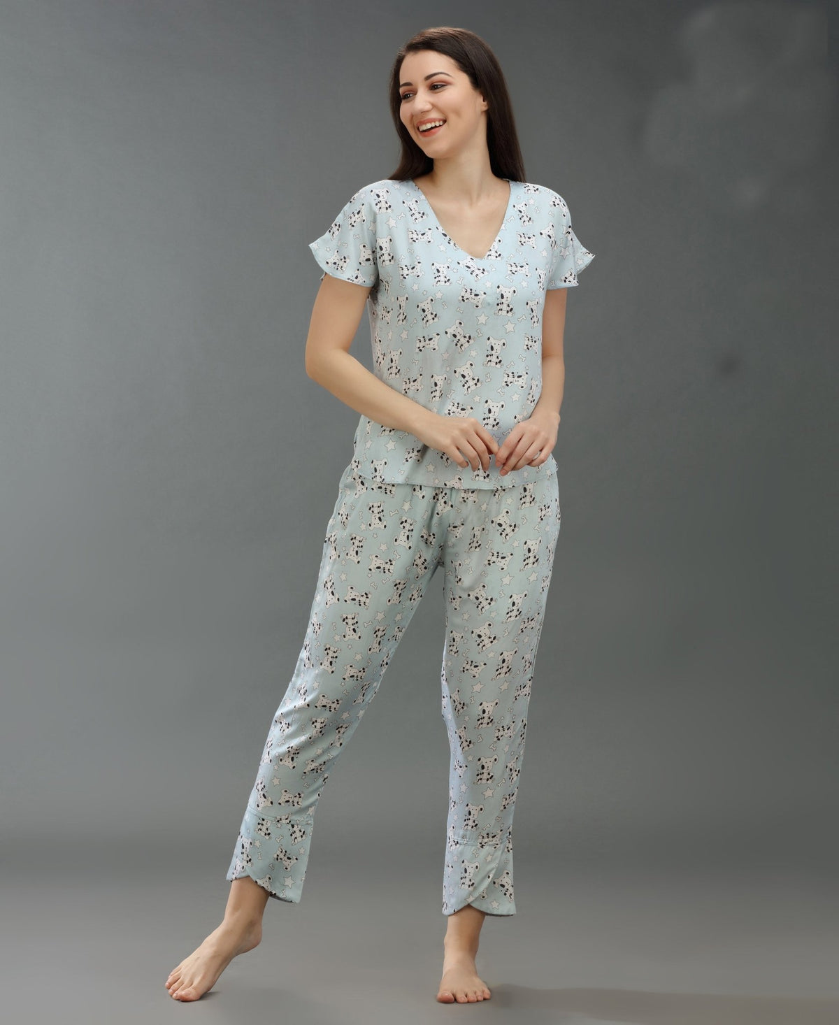 Dalmatian Dog Night Suit - Velure - T-Shirt and Pant - Cotton Satin, Full Length Pants, Half Sleeves, Half Sleeves Nighty, Printed, V Neck