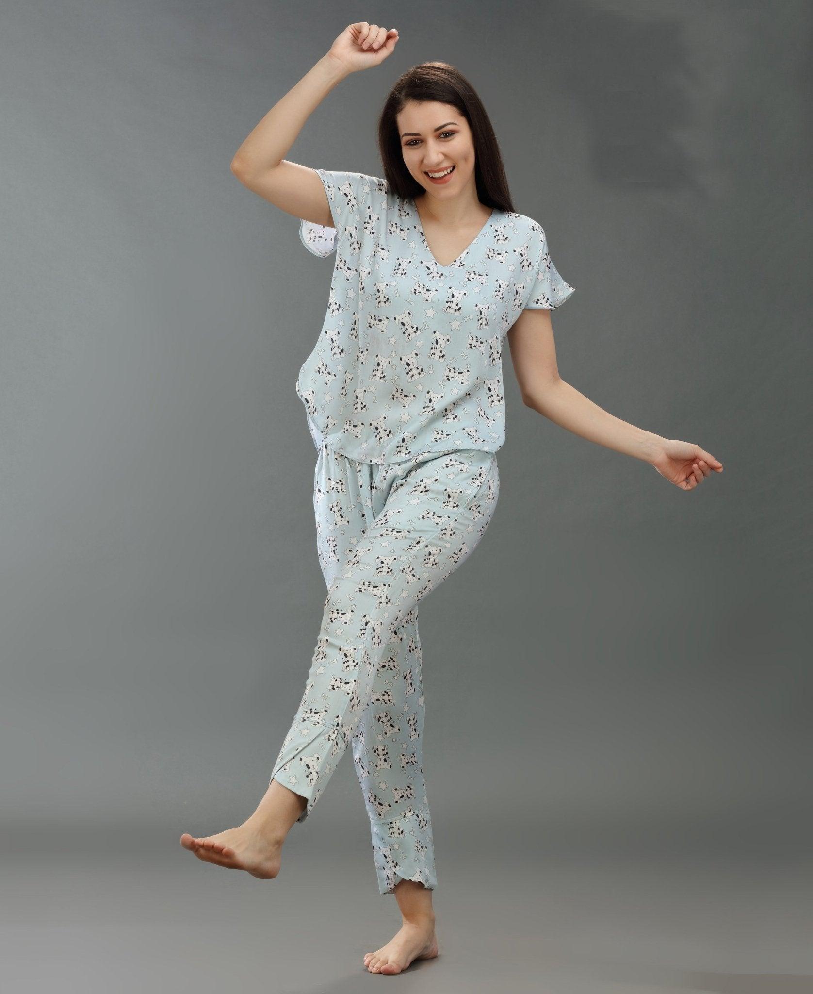 Dalmatian Dog Night Suit - Velure - T-Shirt and Pant - Cotton Satin, Full Length Pants, Half Sleeves, Half Sleeves Nighty, Printed, V Neck