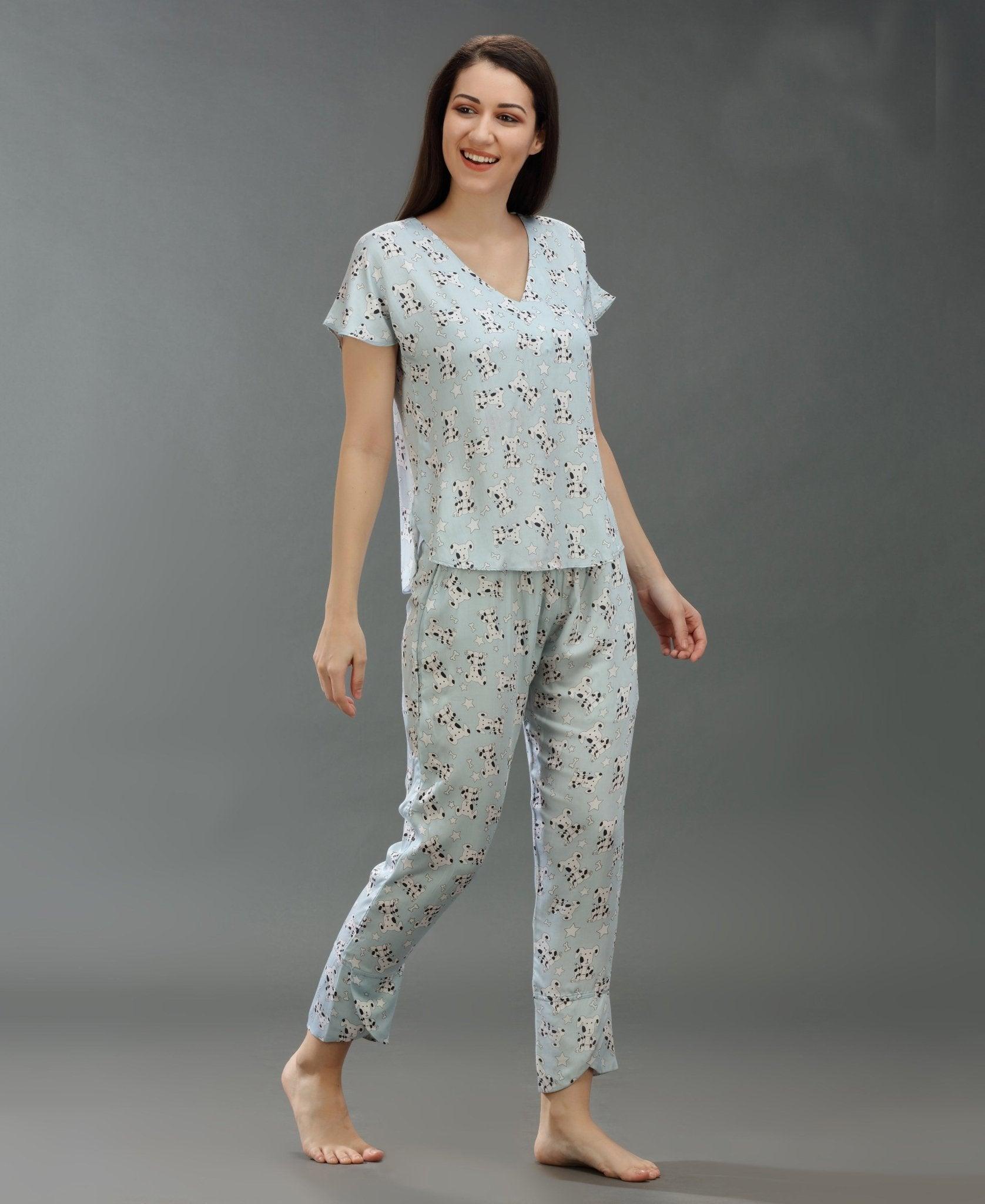 Dalmatian Dog Night Suit - Velure - T-Shirt and Pant - Cotton Satin, Full Length Pants, Half Sleeves, Half Sleeves Nighty, Printed, V Neck