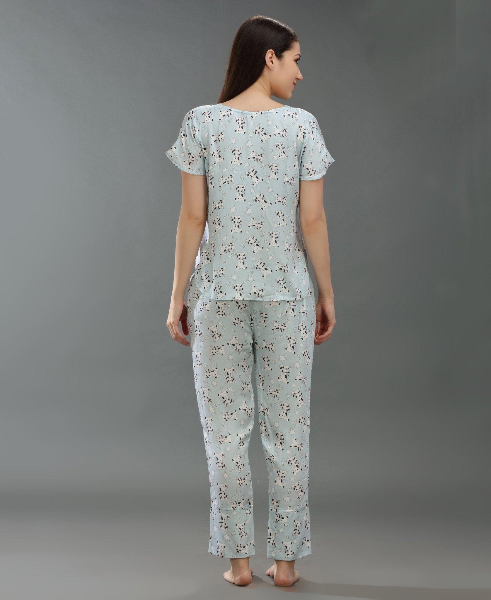 Dalmatian Dog Night Suit - Velure - T-Shirt and Pant - Cotton Satin, Full Length Pants, Half Sleeves, Half Sleeves Nighty, Printed, V Neck