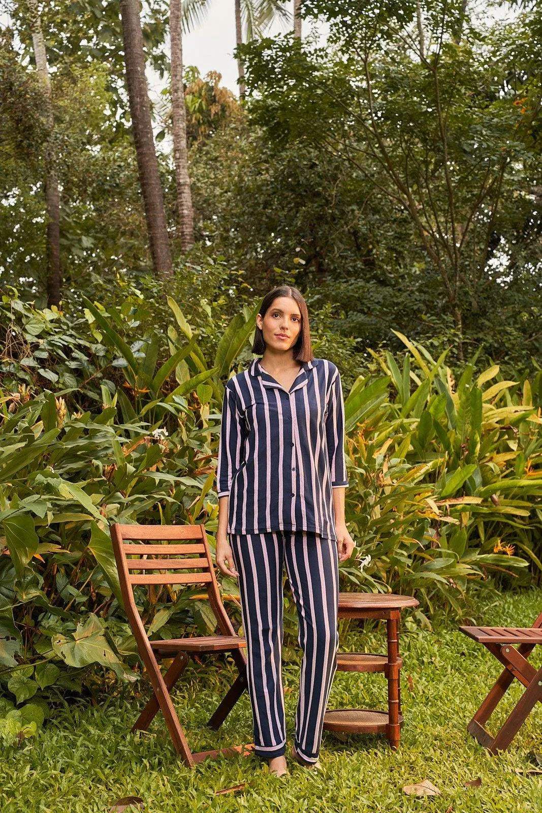 Delight Haze Classic All Striped Night Suit - Velure - - 3/4 Sleeves, Collar Neck, Front Button Open, Full Length Pant, Hosiery Cotton, Stripes