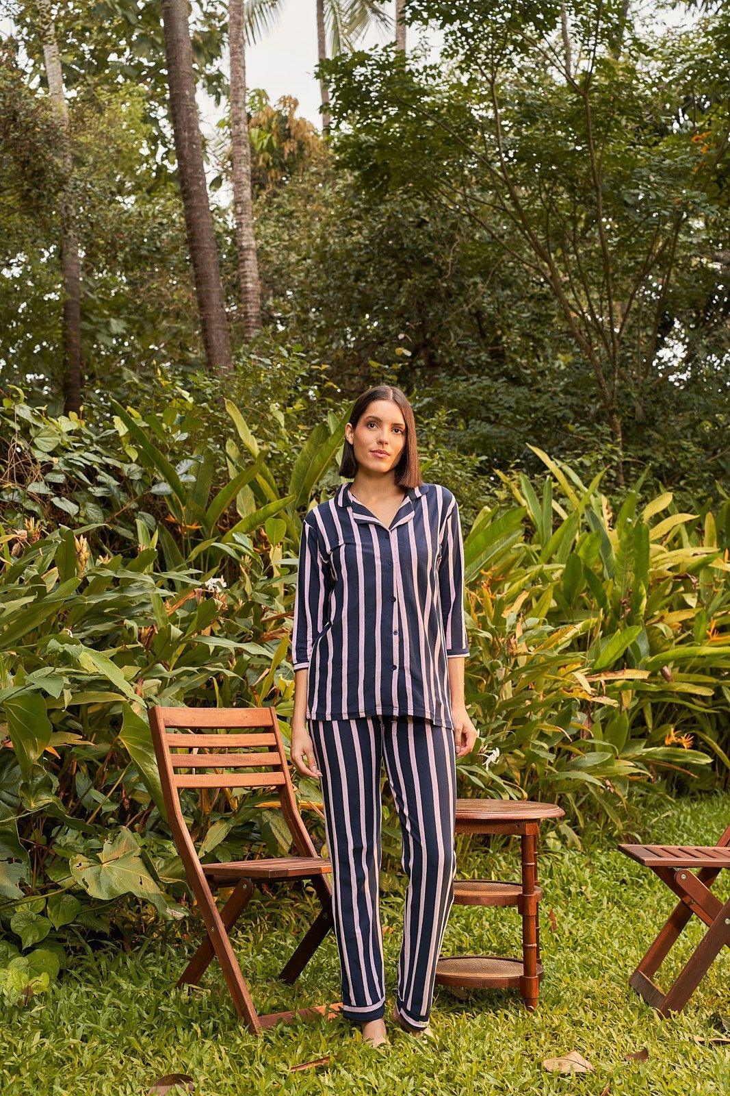 Delight Haze Classic All Striped Set - Velure - Shirt and Pant - 3/4 Sleeves, Collar Neck, Front Button Open, Full Length Pant, Hosiery Cotton, Stripes