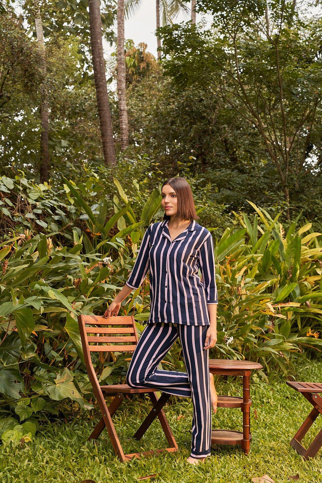 Delight Haze Classic All Striped Set - Velure - Shirt and Pant - 3/4 Sleeves, Collar Neck, Front Button Open, Full Length Pant, Hosiery Cotton, Stripes