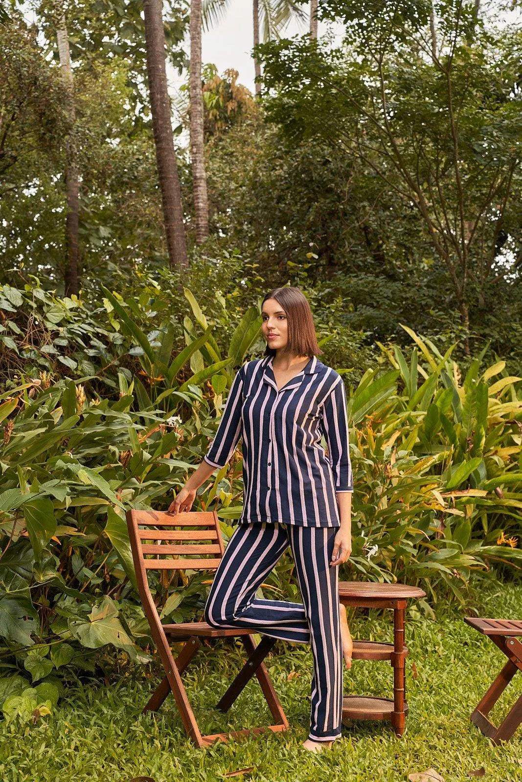 Delight Haze Classic All Striped Night Suit - Velure - - 3/4 Sleeves, Collar Neck, Front Button Open, Full Length Pant, Hosiery Cotton, Stripes