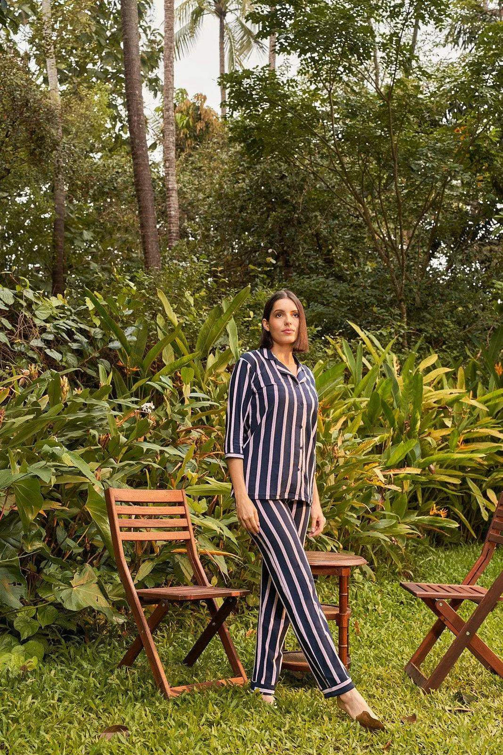 Delight Haze Classic All Striped Night Suit - Velure - - 3/4 Sleeves, Collar Neck, Front Button Open, Full Length Pant, Hosiery Cotton, Stripes
