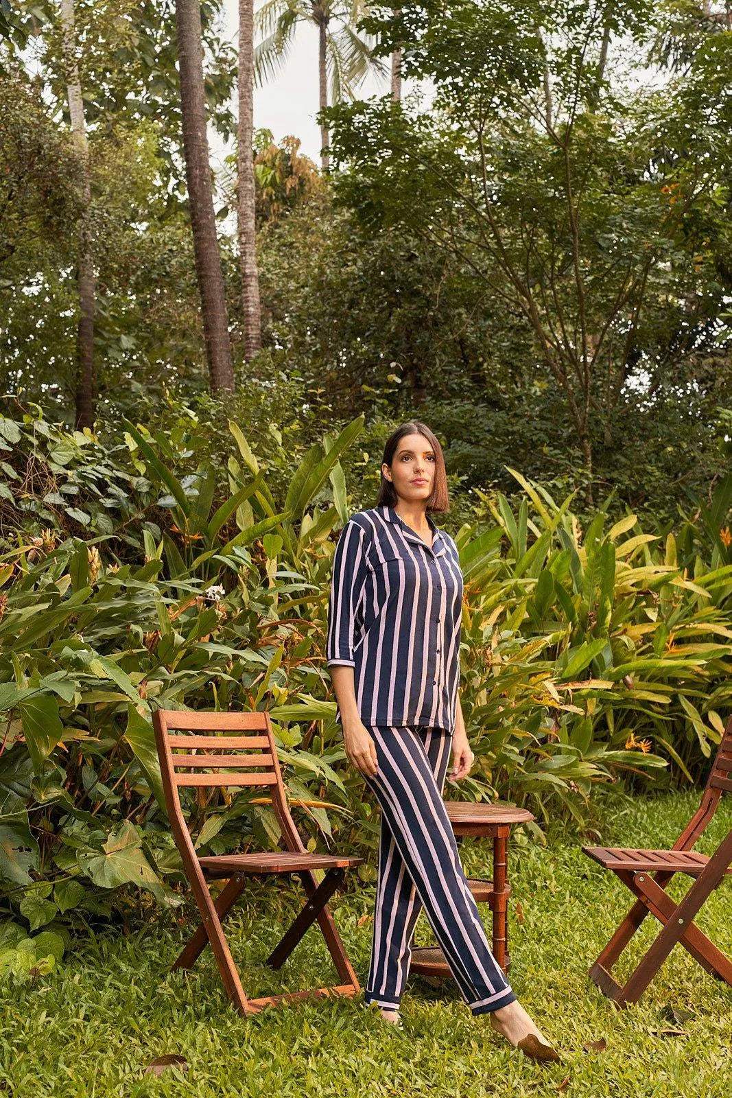 Delight Haze Classic All Striped Night Suit - Velure - - 3/4 Sleeves, Collar Neck, Front Button Open, Full Length Pant, Hosiery Cotton, Stripes