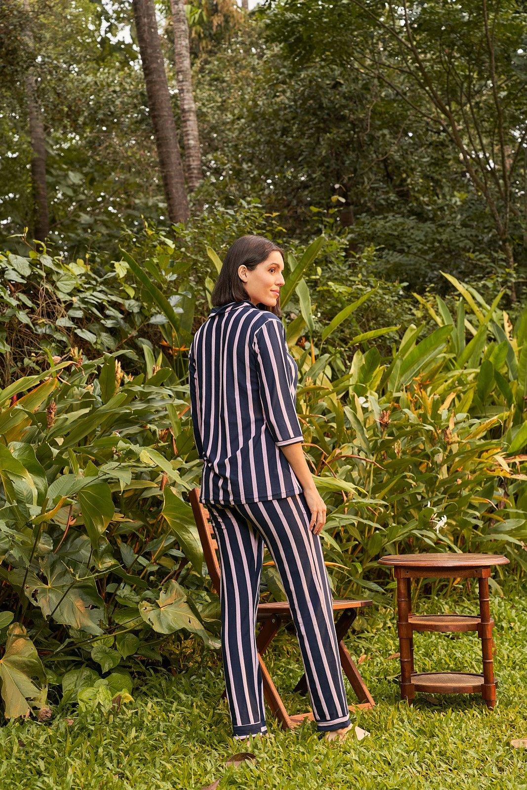 Delight Haze Classic All Striped Set - Velure - Shirt and Pant - 3/4 Sleeves, Collar Neck, Front Button Open, Full Length Pant, Hosiery Cotton, Stripes