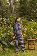 Delight Haze Classic All Striped Night Suit - Velure - - 3/4 Sleeves, Collar Neck, Front Button Open, Full Length Pant, Hosiery Cotton, Stripes