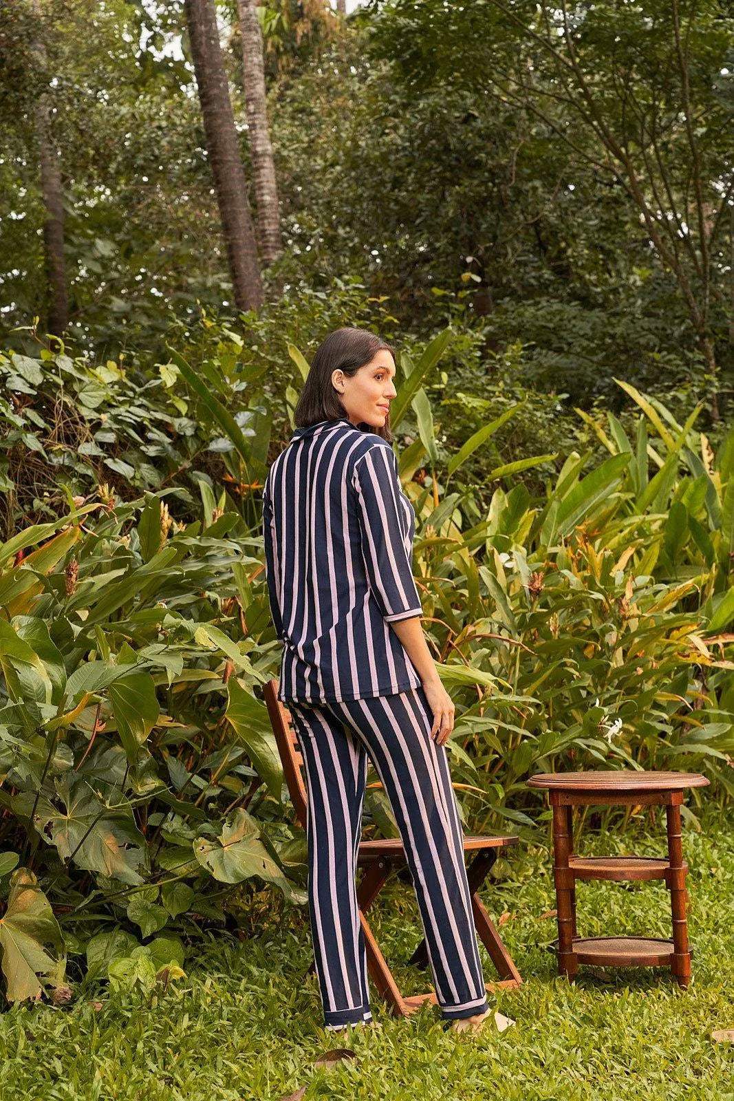 Delight Haze Classic All Striped Night Suit - Velure - - 3/4 Sleeves, Collar Neck, Front Button Open, Full Length Pant, Hosiery Cotton, Stripes